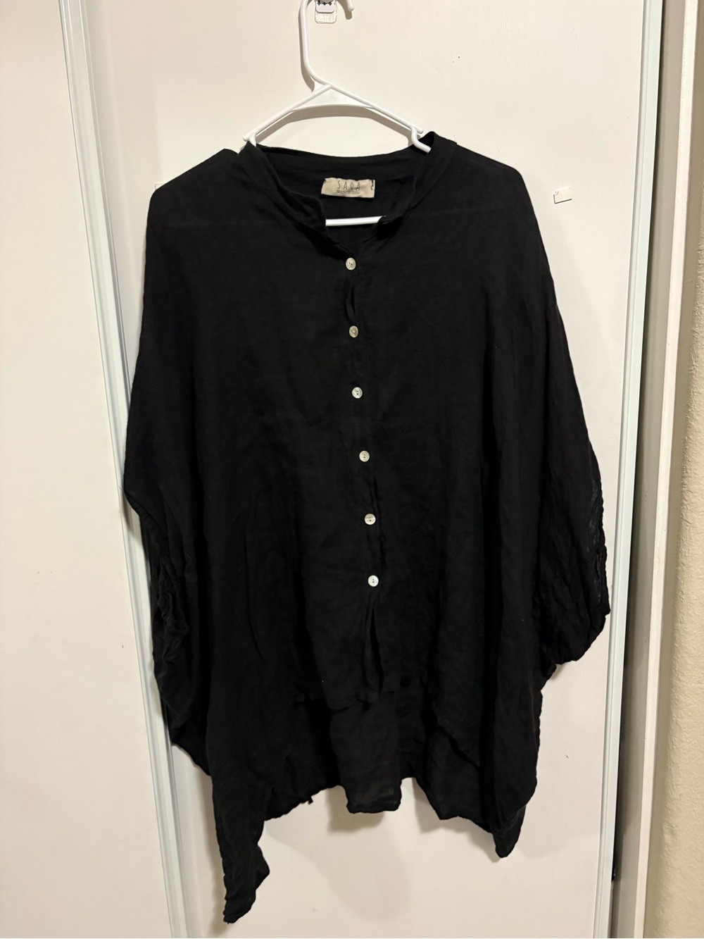 SAGA Made In Italy 100% Linen Poncho Top Women’s OS Black Button Up Lagenlook‎